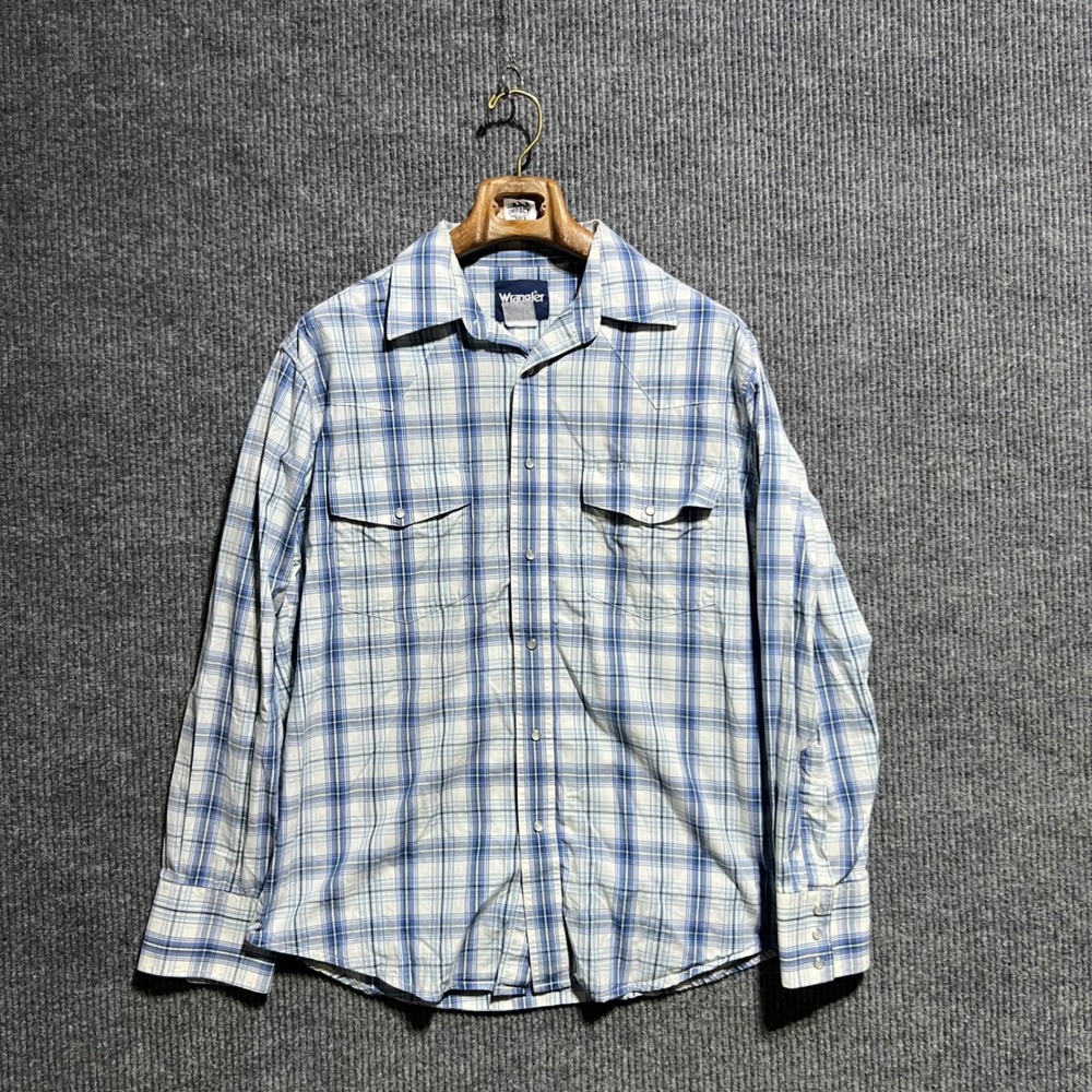 Vintage Wrangler Western Shirt Mens L Blue Plaid Pearl Snap Long Sleeve Yoke